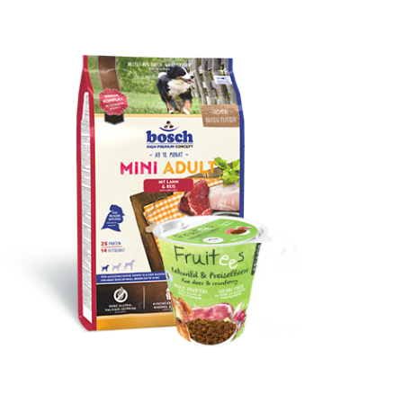 bosch MINI ADULT Lamb & Rice 3kg + Fruitees Roe Deer 200g